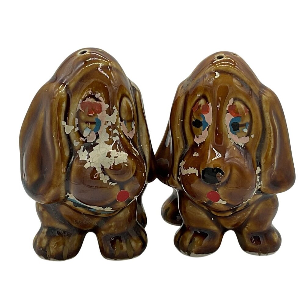 Vintage Hound Dog Salt & Pepper Shakers Ceramic 3.5"T Cold Painted w/ Stoppers